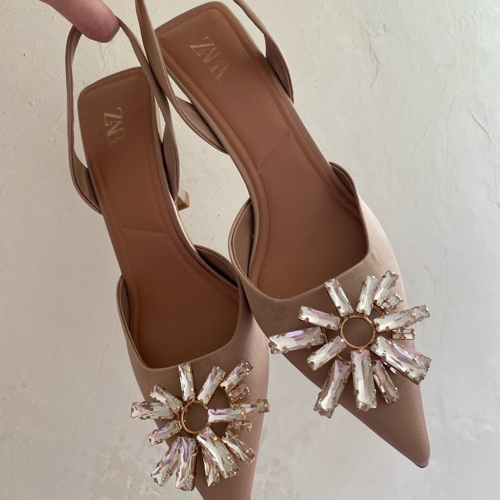 Zara Nude Crystal Embellished Slingback Pointed Heels